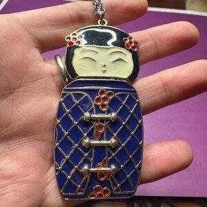 Vintage articulated enamel Japanese Geisha girl/Kokeshi doll pendant necklace.